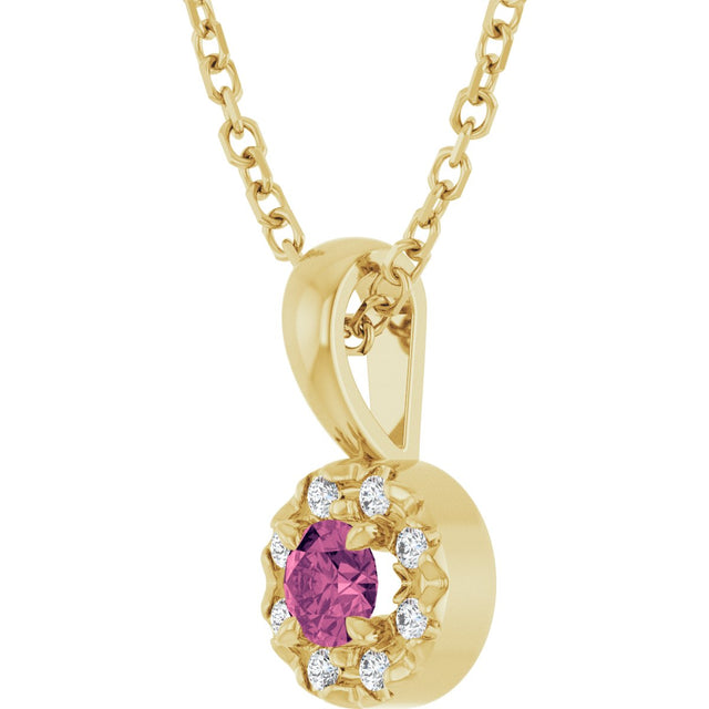 14K Gold Emerald Natural Pink Tourmaline Halo-Style Necklace or Pendant - Yellow Gold - view 5