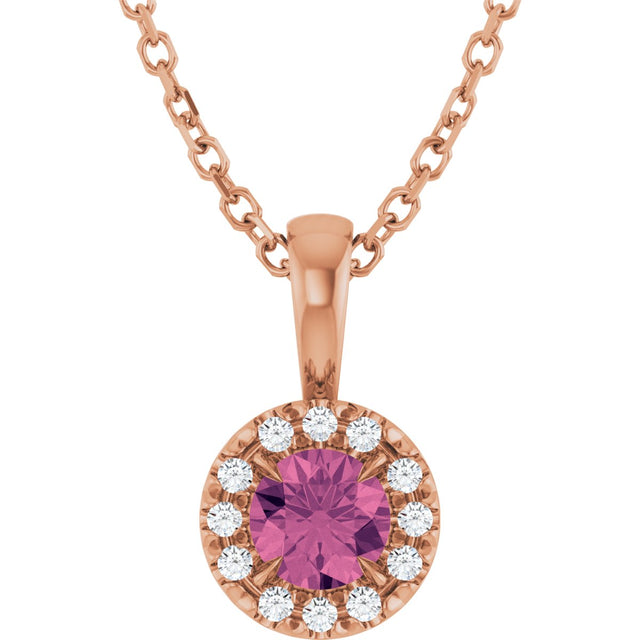 14K Gold Emerald Natural Pink Tourmaline Halo-Style Necklace or Pendant - Rose Gold - view 5