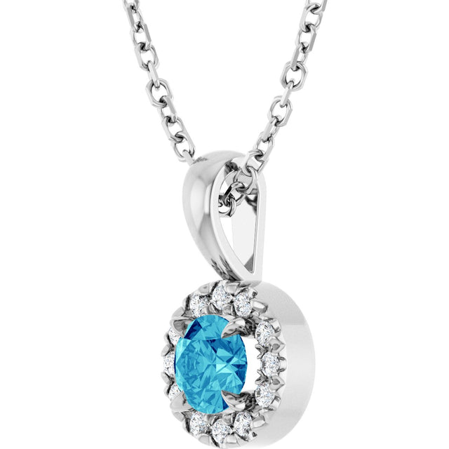 14K Gold Emerald Natural Blue Zircon Halo-Style Necklace or Pendant - White Gold - view 5