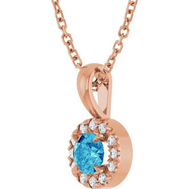 14K Gold Emerald Natural Blue Zircon Halo-Style Necklace or Pendant - Rose Gold - view 5