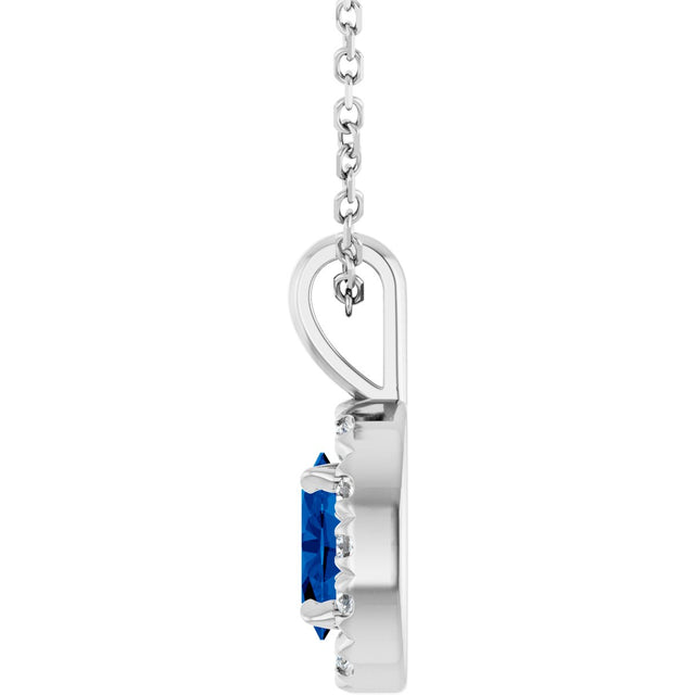 Platinum Emerald Lab-Grown Blue Sapphire Halo-Style Necklace or Pendant - view 6