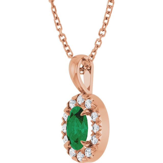 14K Gold Emerald Lab-Grown Emerald Halo-Style Necklace or Pendant - Rose Gold - view 5