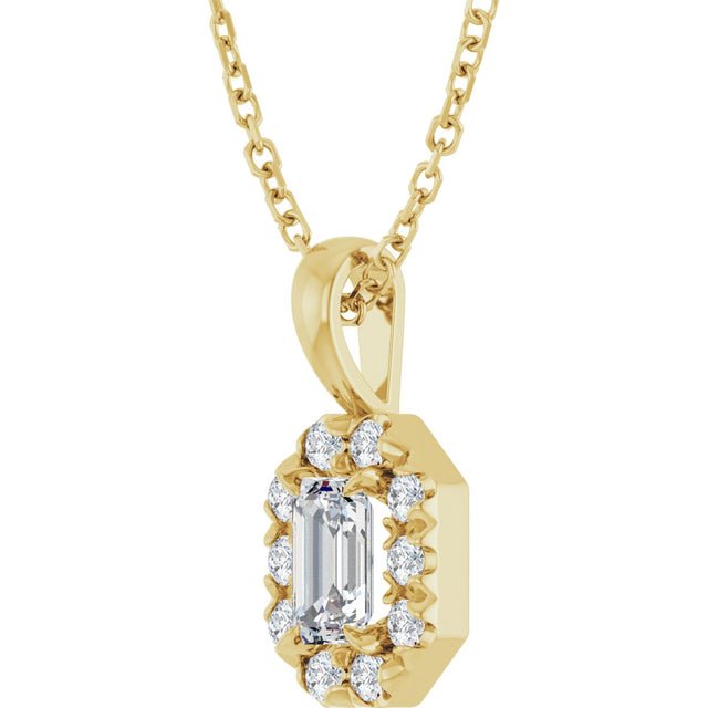 14K Gold Emerald Natural White Sapphire Halo-Style Necklace or Pendant - Yellow Gold - view 5
