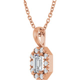 14K Gold Emerald Natural White Sapphire Halo-Style Necklace or Pendant - Rose Gold - view 5