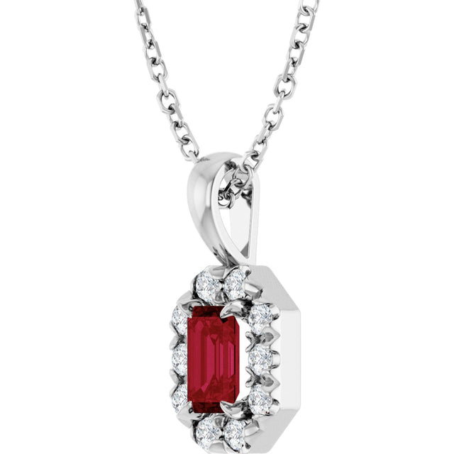 14K Gold Emerald Lab-Grown Ruby Halo-Style Necklace or Pendant - White Gold - view 5