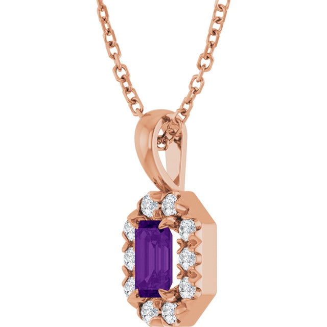 14K Gold Emerald Natural Amethyst Halo-Style Necklace or Pendant - Rose Gold - view 5
