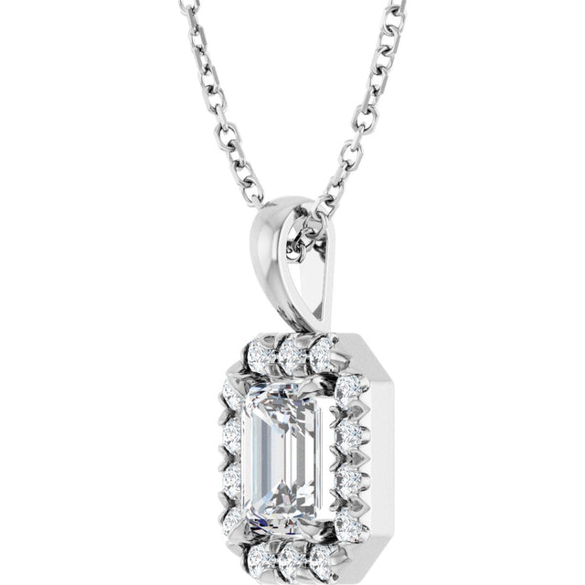 14K Gold Emerald Natural White Sapphire Halo-Style Necklace or Pendant - White Gold - view 5