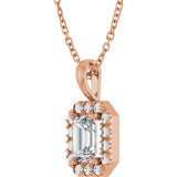 14K Gold Emerald Natural White Sapphire Halo-Style Necklace or Pendant - Rose Gold - view 5