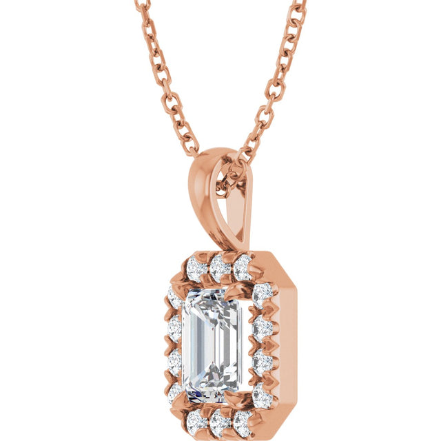 14K Gold Emerald Natural White Sapphire Halo-Style Necklace or Pendant - Rose Gold - view 5