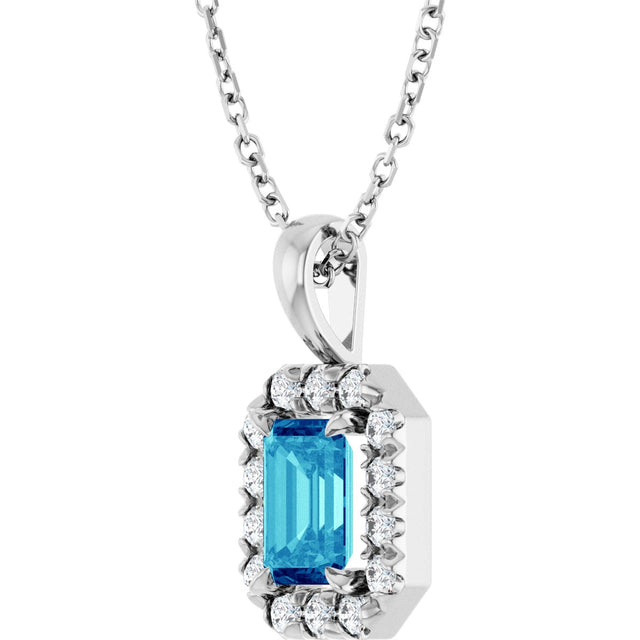 14K Gold Emerald Natural Blue Zircon Halo-Style Necklace or Pendant - White Gold - view 5