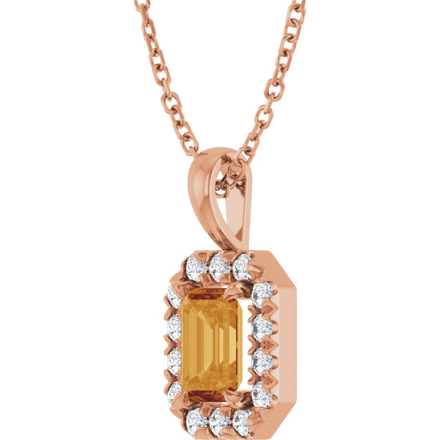 14K Gold Emerald Natural Citrine Halo-Style Necklace or Pendant - Rose Gold - view 5