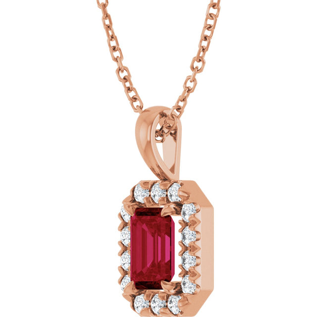 14K Gold Emerald Lab-Grown Ruby Halo-Style Necklace or Pendant - Rose Gold - view 5