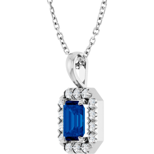 Platinum Emerald Lab-Grown Blue Sapphire Halo-Style Necklace or Pendant - view 5