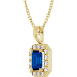 14K Gold Emerald Lab-Grown Blue Sapphire Halo-Style Necklace or Pendant - Yellow Gold - view 5