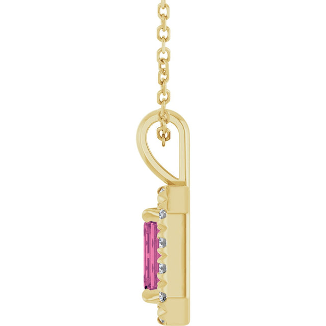 14K Gold Emerald Natural Pink Tourmaline Halo-Style Necklace or Pendant - Yellow Gold - view 6