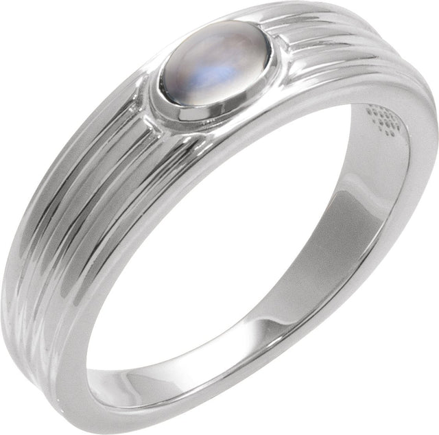 14K Gold Oval Natural Rainbow Moonstone Cabochon Ring – 5x3mm - White Gold