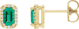 14K Gold Emerald Lab-Grown Emerald & Natural Diamond Halo-Style Earrings - Yellow Gold