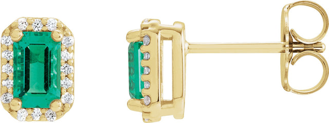 14K Gold Emerald Lab-Grown Emerald & Natural Diamond Halo-Style Earrings - Yellow Gold