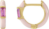 14K Gold Straight Baguette Natural Pink Tourmaline Hoop Earrings - Yellow Gold