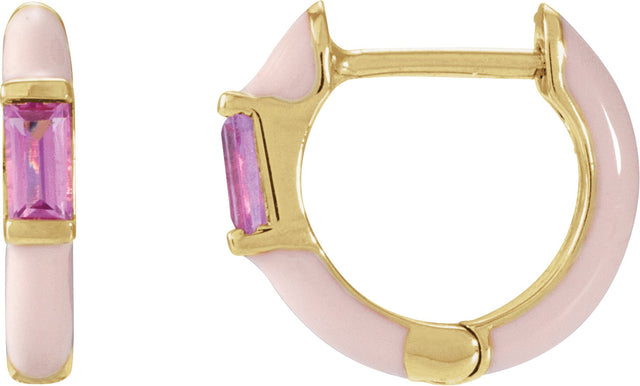 14K Gold Straight Baguette Natural Pink Tourmaline Hoop Earrings - Yellow Gold