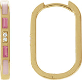 14K Gold Straight Baguette Natural Pink Tourmaline & Natural Diamond Accented Elongated Hoop Earrings - Yellow Gold