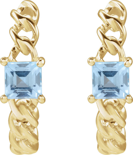 14K Gold Square Natural Sky Blue Topaz Solitaire Hoop Earrings - view 2