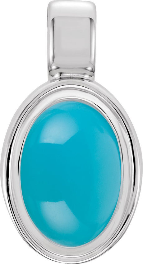 14K Gold Natural Turquoise Oval Bezel-Set Cabochon Pendant - White Gold
