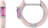 14K Gold Straight Baguette Natural Pink Tourmaline Hoop Earrings - White Gold