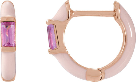 14K Gold Straight Baguette Natural Pink Tourmaline Hoop Earrings - Rose Gold