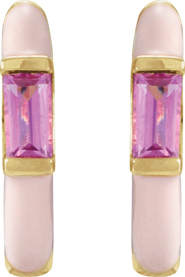 14K Gold Straight Baguette Natural Pink Tourmaline Hoop Earrings - Yellow Gold - view 2