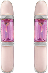 14K Gold Straight Baguette Natural Pink Tourmaline Hoop Earrings - White Gold - view 2