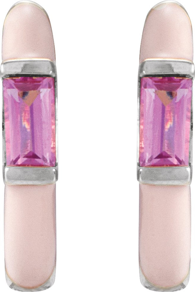 14K Gold Straight Baguette Natural Pink Tourmaline Hoop Earrings - White Gold - view 2