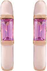 14K Gold Straight Baguette Natural Pink Tourmaline Hoop Earrings - Rose Gold - view 2