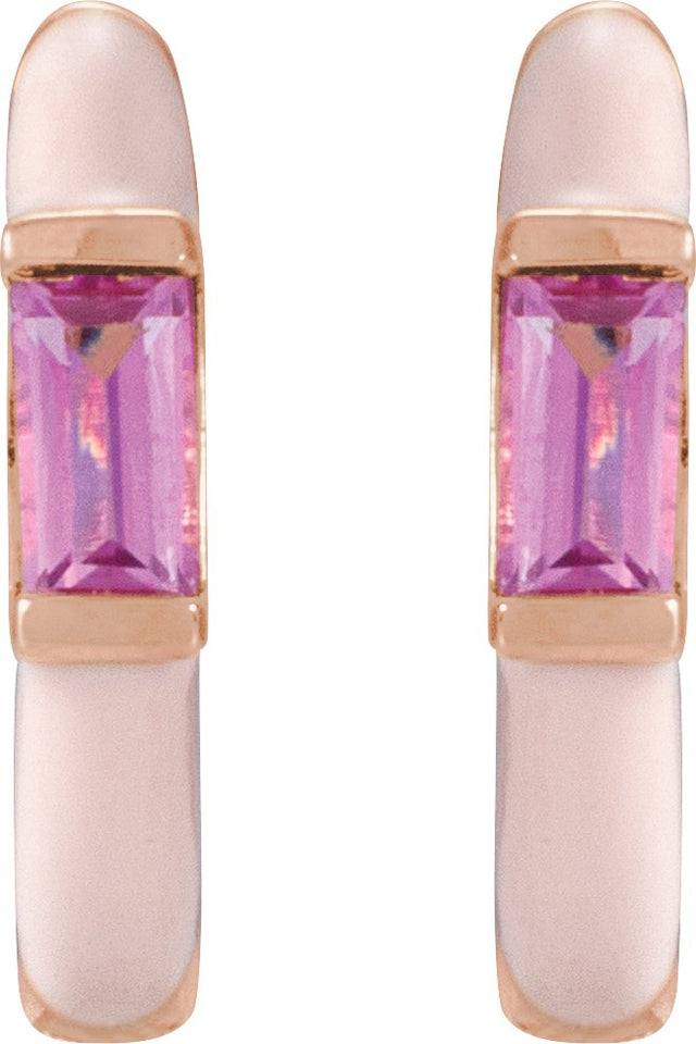 14K Gold Straight Baguette Natural Pink Tourmaline Hoop Earrings - Rose Gold - view 2