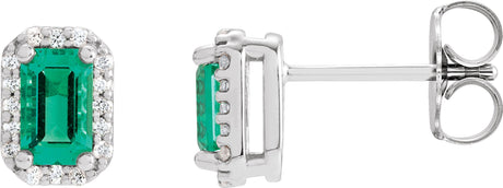 14K Gold Emerald Lab-Grown Emerald & Natural Diamond Halo-Style Earrings - White Gold