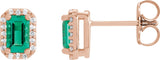 14K Gold Emerald Lab-Grown Emerald & Natural Diamond Halo-Style Earrings - Rose Gold