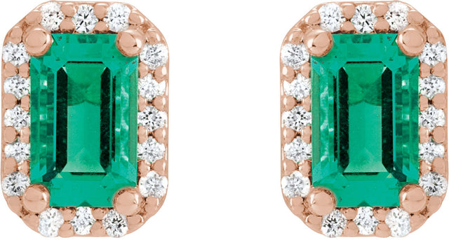 14K Gold Emerald Lab-Grown Emerald & Natural Diamond Halo-Style Earrings - Rose Gold - view 2