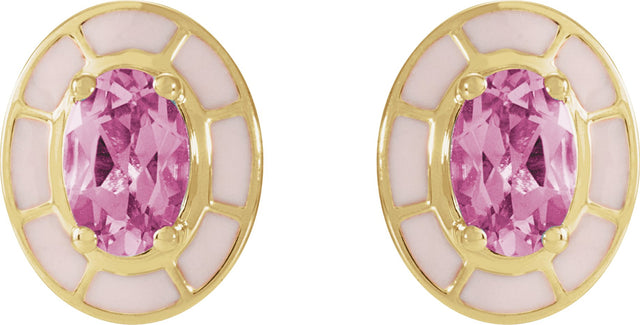 14K Gold Oval Natural Pink Tourmaline Solitaire Stud Earrings - view 2