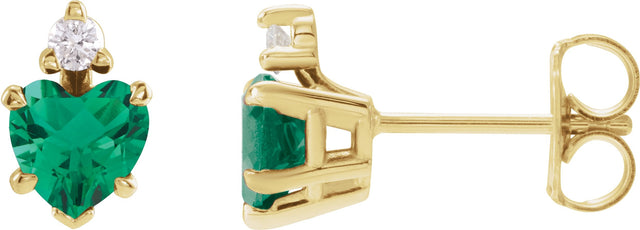 14K Gold Lab-Grown Emerald & Natural Diamond Accented Heart Earrings - Yellow Gold