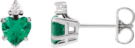 14K Gold Lab-Grown Emerald & Natural Diamond Accented Heart Earrings - White Gold