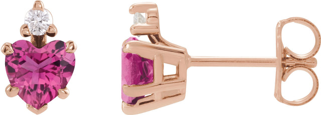 14K Gold Natural Pink Tourmaline & Natural Diamond Accented Heart Earrings - Rose Gold