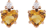 14K Gold Natural Citrine & Natural Diamond Accented Heart Earrings - Rose Gold
