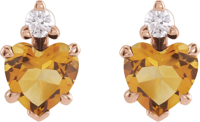 14K Gold Natural Citrine & Natural Diamond Accented Heart Earrings - Rose Gold