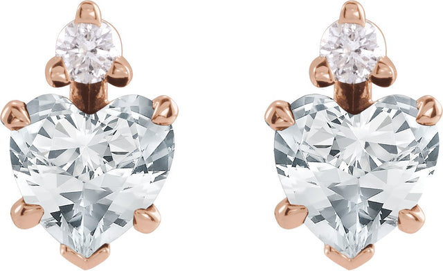 14K Gold Natural White Sapphire & Natural Diamond Accented Heart Earrings - Rose Gold - view 2