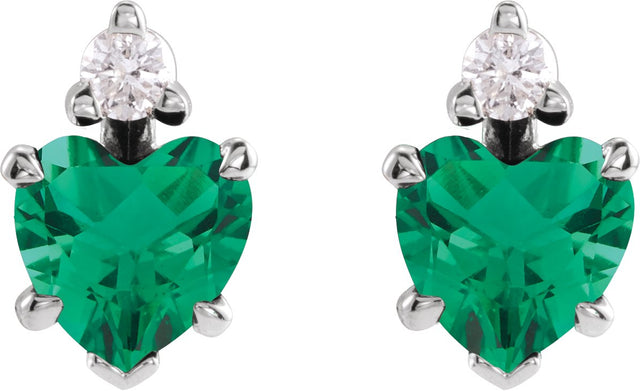 Platinum Lab-Grown Emerald & Natural Diamond Accented Heart Earrings - view 2