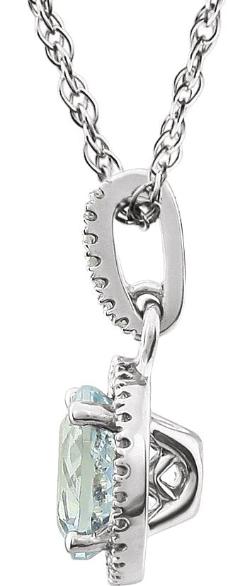 14K Gold Round Natural Aquamarine & Natural Diamond Halo-Style Birthstone Necklace - view 2