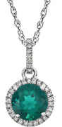 14K Gold Round Lab-Grown Emerald & Natural Diamond Halo-Style Birthstone Necklace – 1/10 CTW