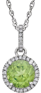 14K Gold Round Natural Peridot & Natural Diamond Halo-Style Birthstone Necklace