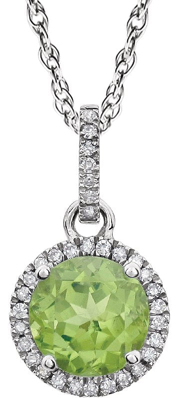 14K Gold Round Natural Peridot & Natural Diamond Halo-Style Birthstone Necklace