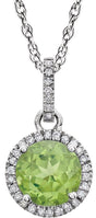 14K Gold Round Natural Peridot & Natural Diamond Halo-Style Birthstone Necklace